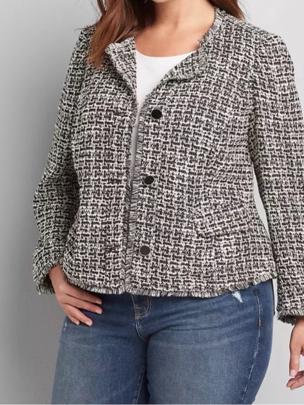 Lane Bryant Black and White Tweed Fringe Blazer SZ18